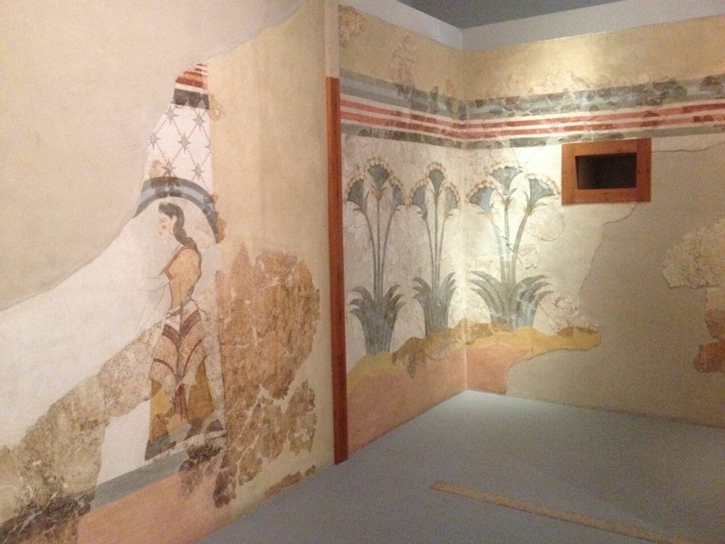 A wall with paintings from the ancient city of Akrotiri at the Museum of Prehistoric Thera