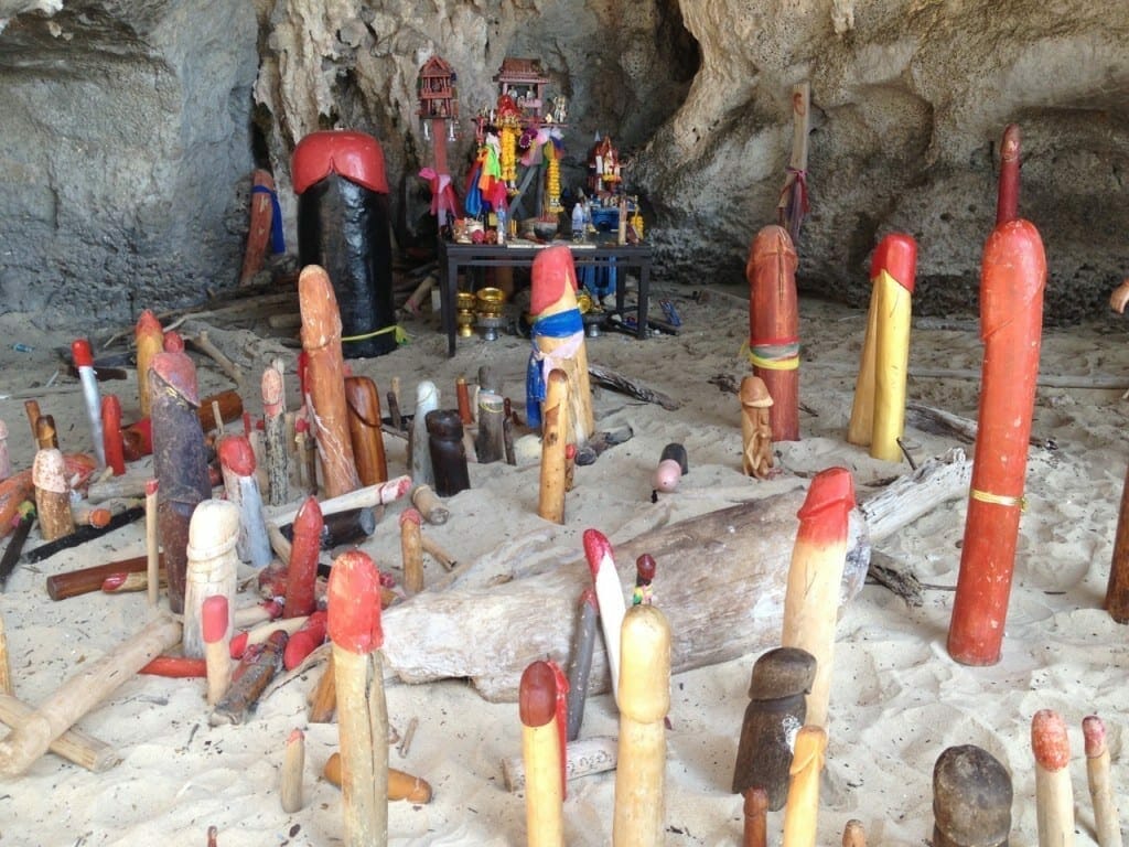 phallic objects in different sizes and colours at Phra Nang Shrine