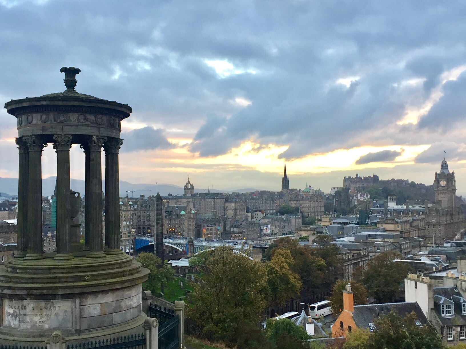 The stunning view of Edinburgh at sunset from the Calton Hill