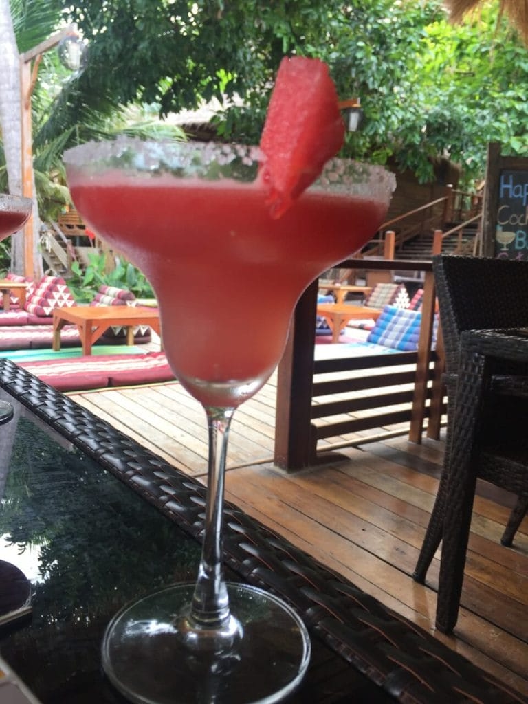 A watermelon margarita served on a margarita glass at Ten Moon Restaurant