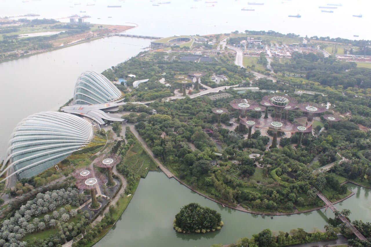 The view of the Gardens by the bay from the Marina Bay Sands Hotel