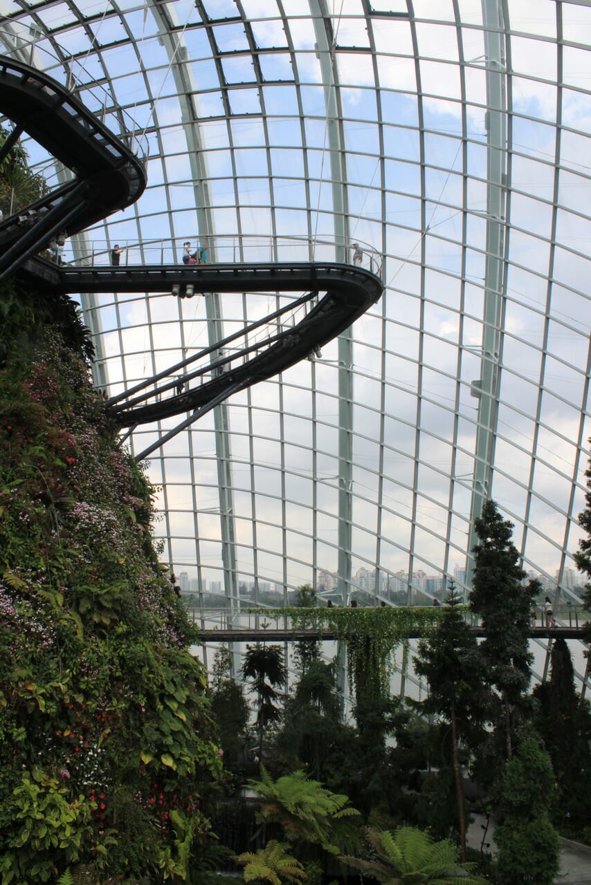 a huge climate-controlled conservatory with elevated platforms with people walking on it
