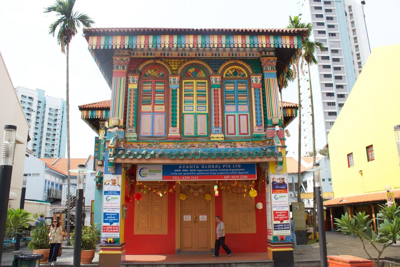 a two-strey colofurl house in Indian style at Little India, Singapore
