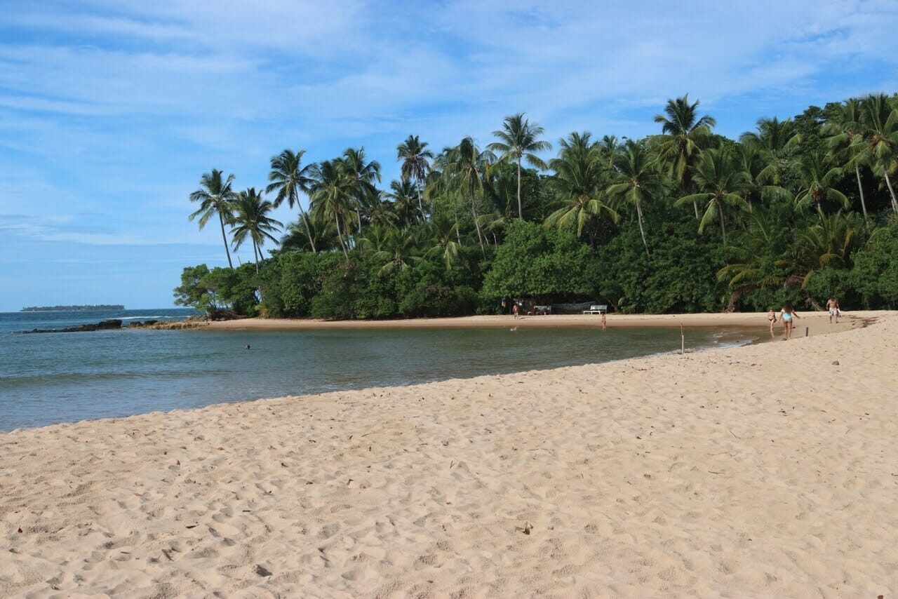 A Praia de Ponta do Mutá, Barra Grande, Bahia, com areia fofa e árvores cercando uma pequena baía