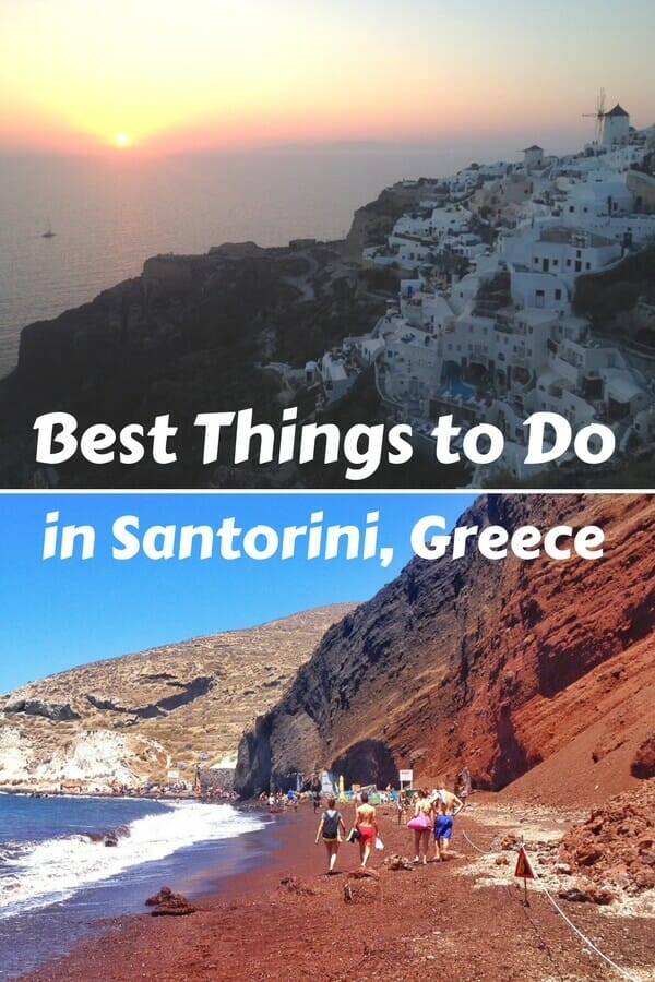 the village of Oia at sunset and people walking on Santorini Red Beach