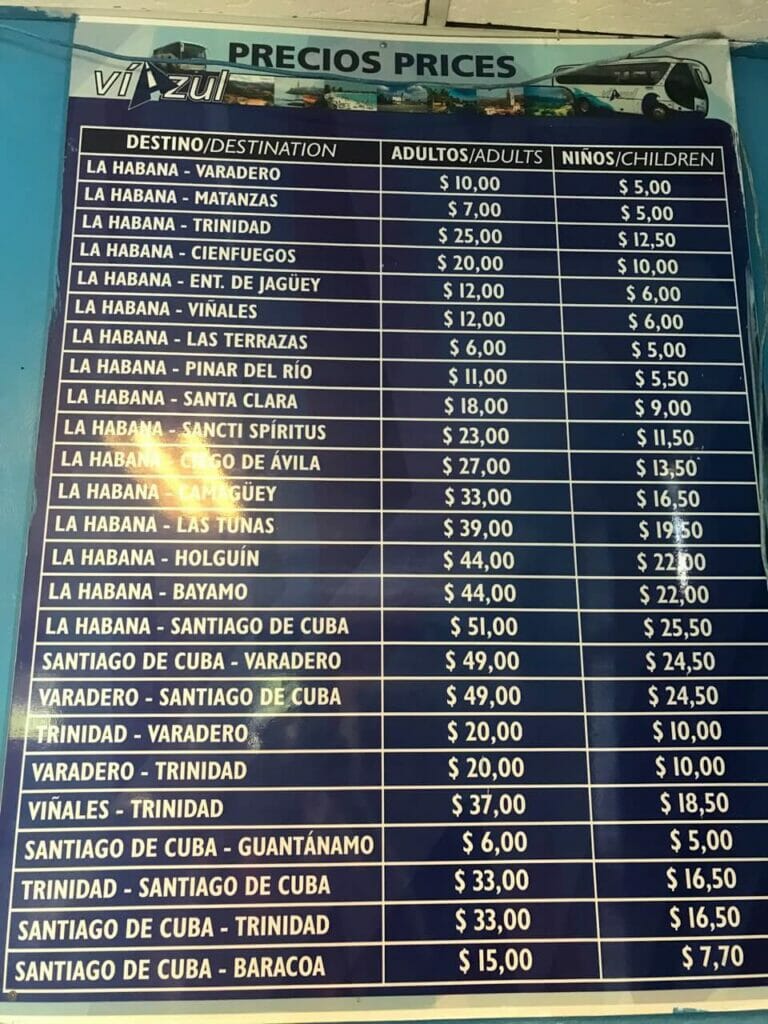 Preços das passagens da companhia Viazul em Cuba