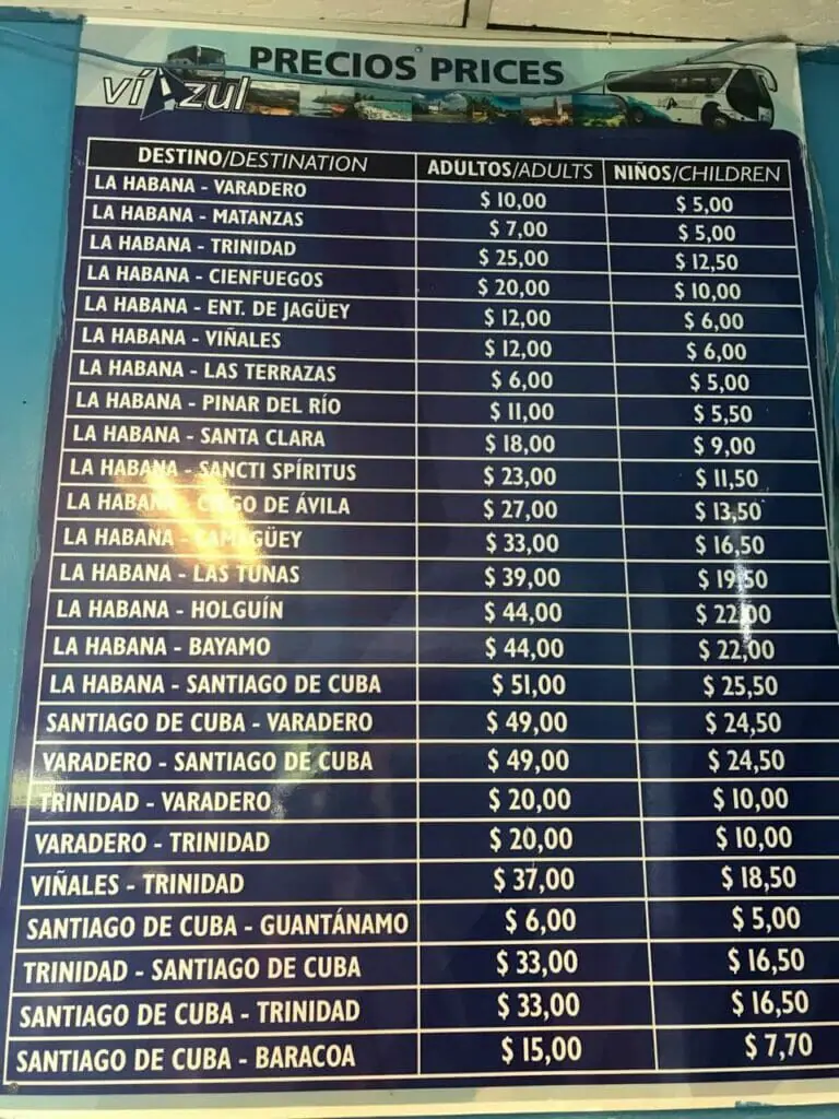 Precios de los viajes en autobuses en Cuba con Viazul