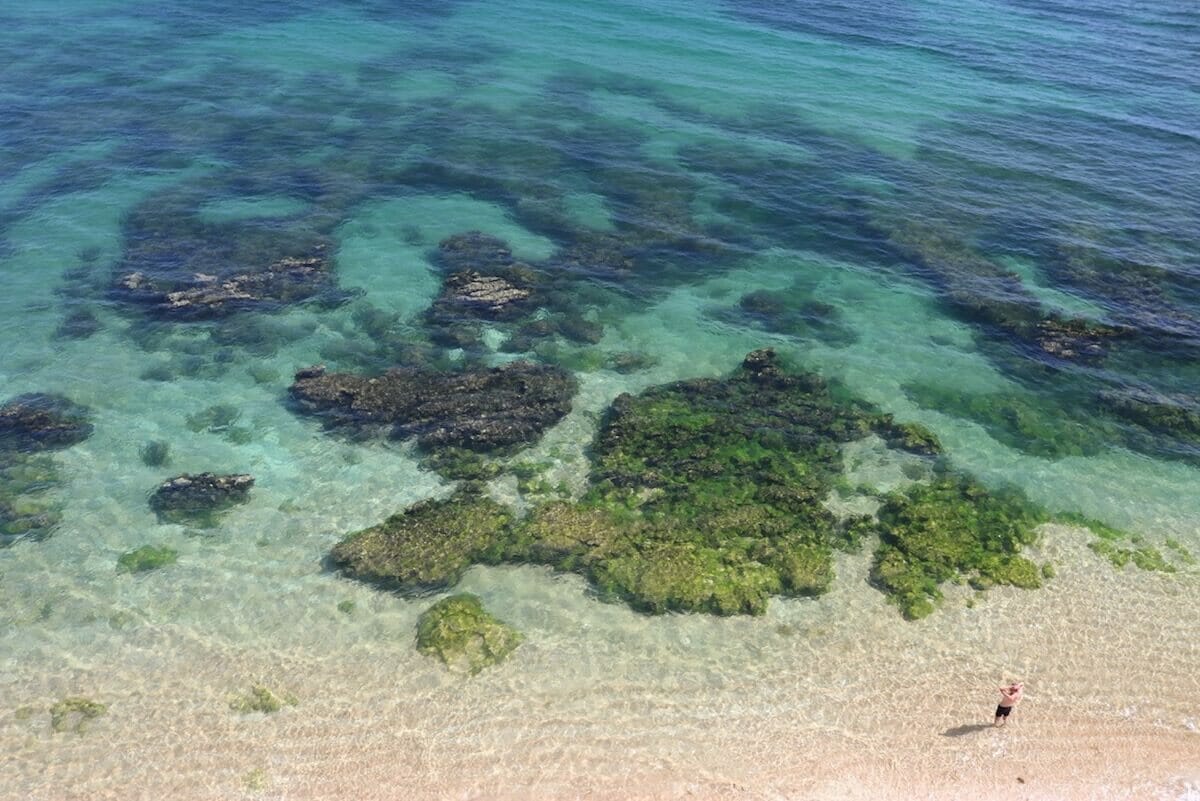 El agua azul cristalina y las rocas cubiertas de algas verdes en Praia da Coelha, Albufeira