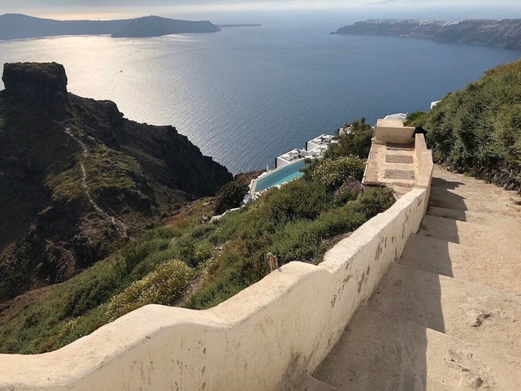 A stairway that leads to Skaros Rock in the village of Imerovigli, Santorini