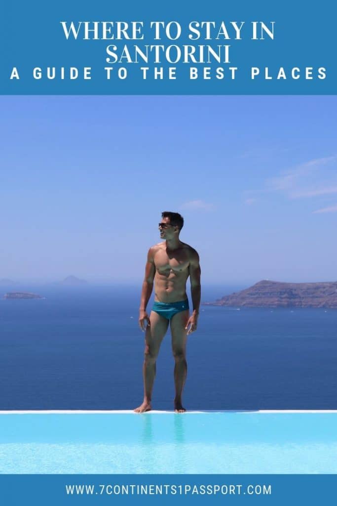 a man wearing a blue swimming suit standing on the border of an infinity swimming pool in Imerovigli, Santorini