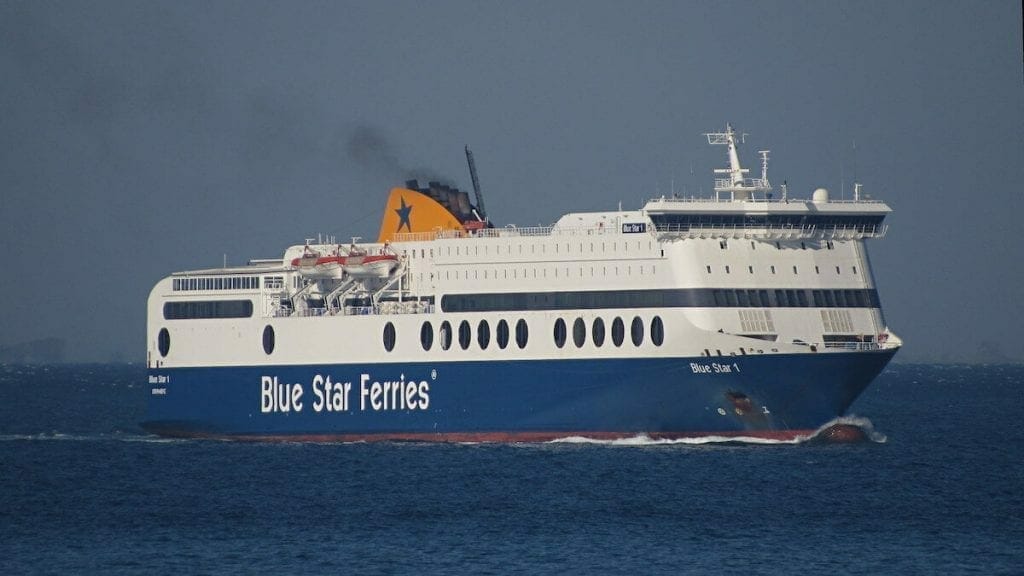 A blue star ferry that travels from Athens to Santorini