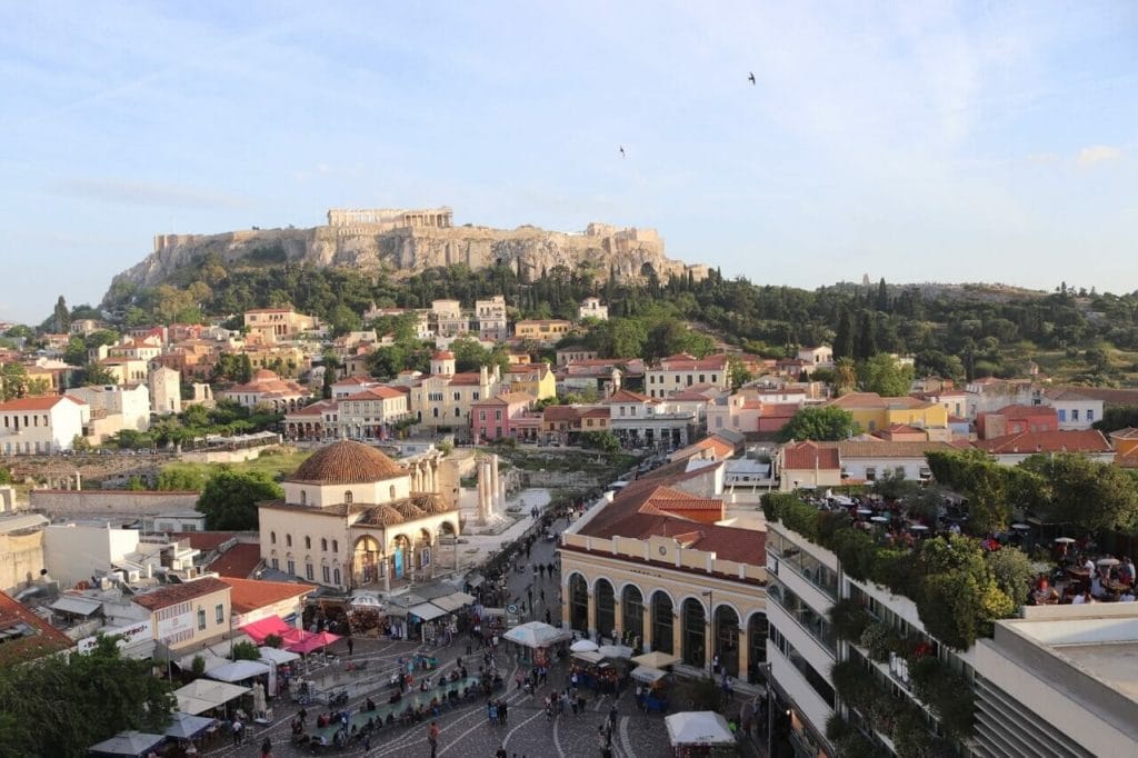 View of  the Parthenon and surrounding areas in Athenas from the A for Athens rooftop bar 