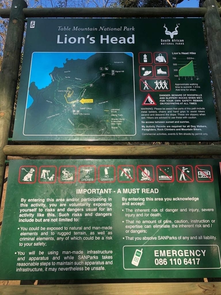 a sign in the beginning of Lion's Head hiking trail with a map and some information