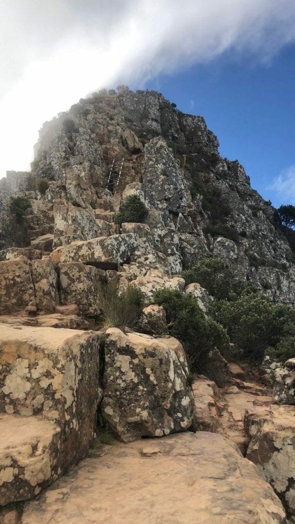 a massive block of rocks and a stainless steel ladder that leads to Lion's Head Mountain's top