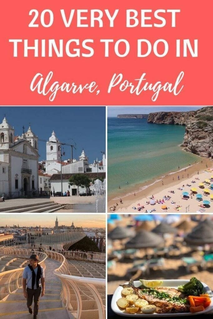 Old Town Lagos, a man on walking at Metropol parasol in Seville, Praia do Beliche in Sagre with its extensive cliffs and crystalline water, a dish with fish, potatoes, carrot and broccolis served on a white plate with the beach on the background