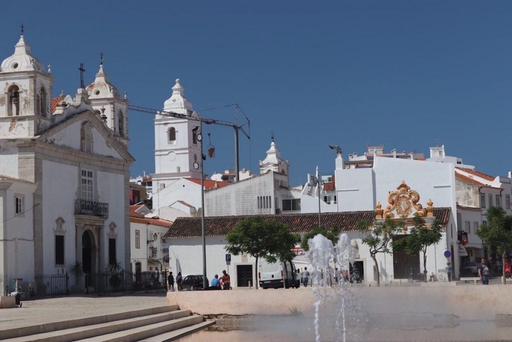 White washed houses and churches in the heart of Lagos town, Algarve, Porgual