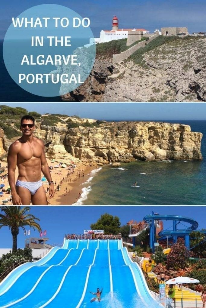 cape of Saint Vincent and its dramatic cliffs, a man wearing swimming suit at Praia da Coelha, Albufeira, with the beach, seat and cliffs behind him and man sliding down on a water slide at Slide and Splash, in the Algarve