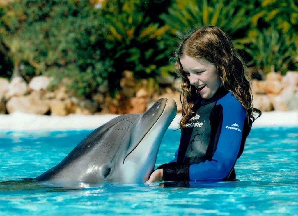 a girl petting a dolphin at Zoomarine Albufeira