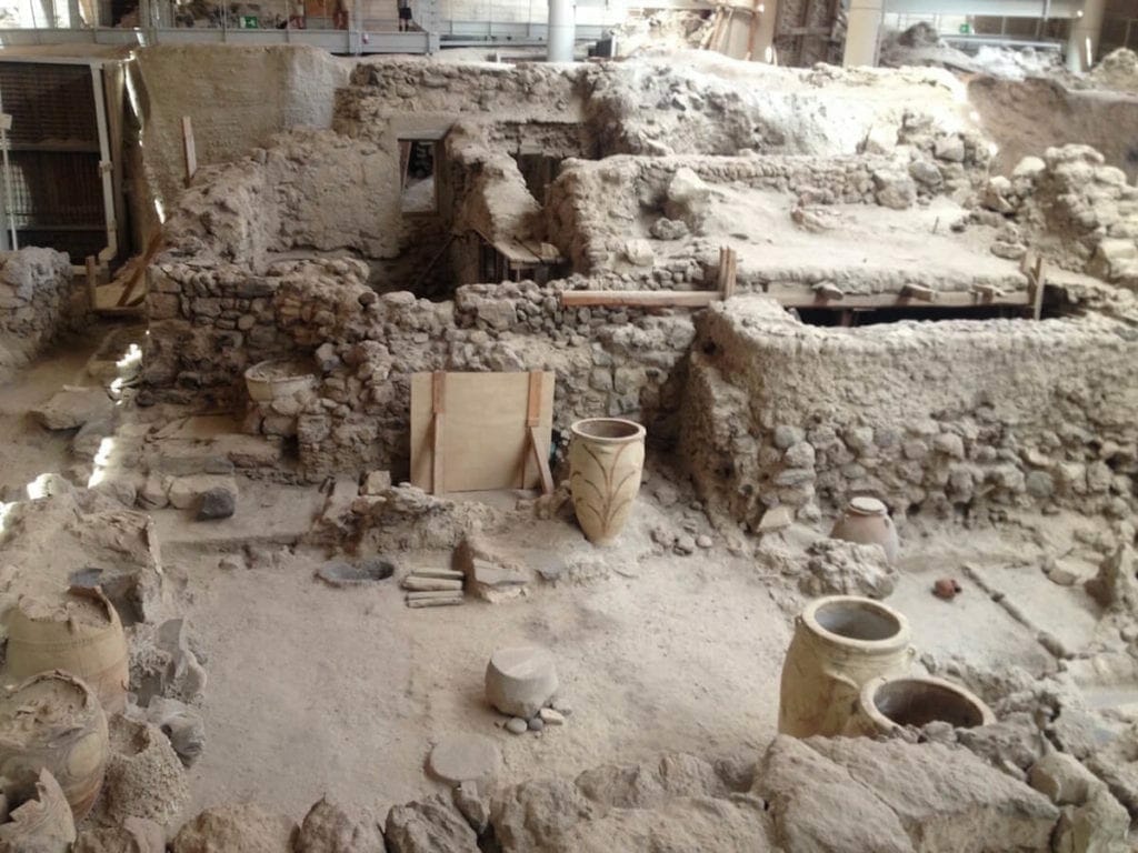 ceramic vases and houses in the archaeological site of Akrotiri, Santorini