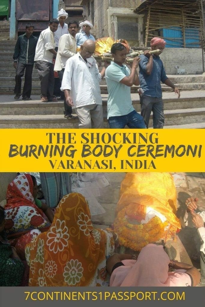 seven men carrying a dead body wrapped on glittering golden cloths on a bamboo hand-barrow to be cremated in Harischandra Ghat in Varanasi and three women wearing saris around a corpse on the floor covered in golden cloths and flowers