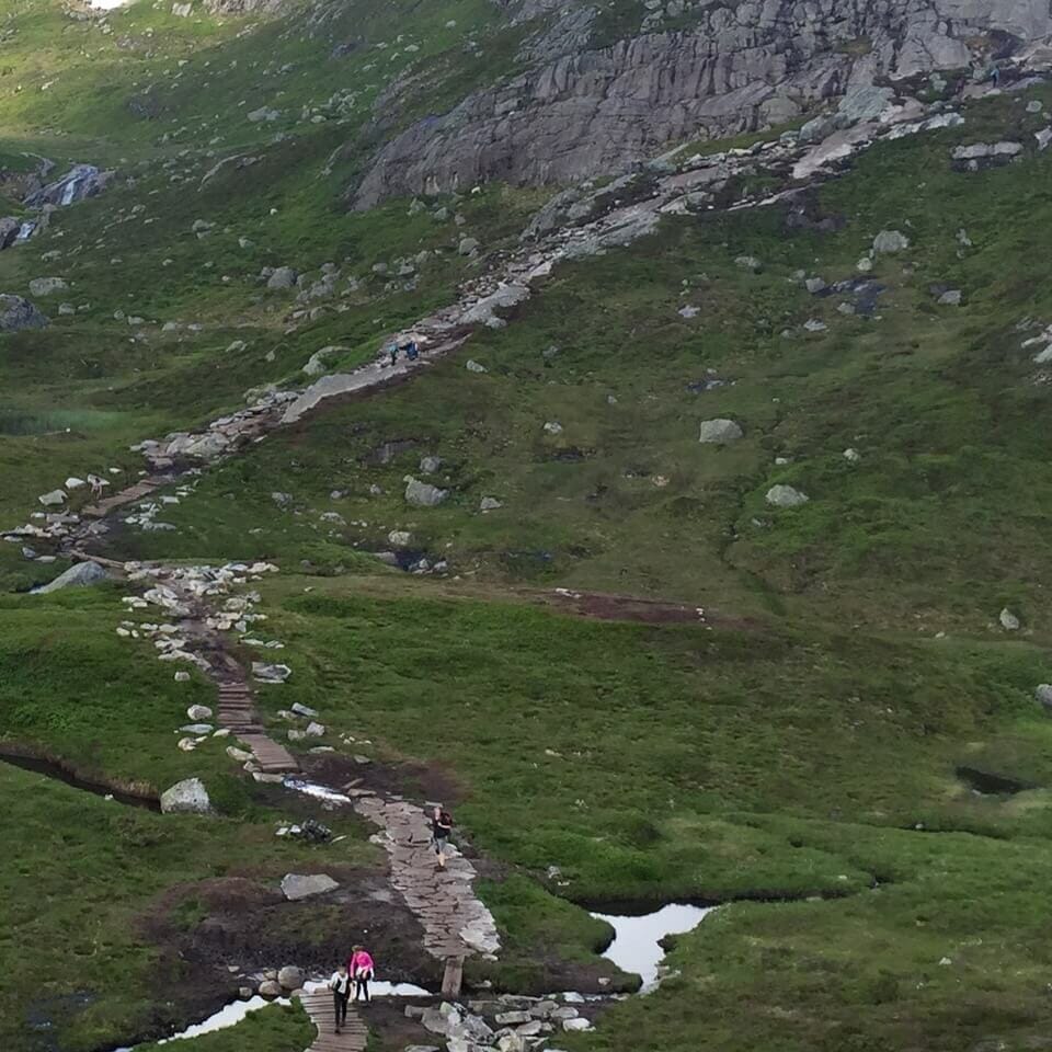 People walking on some of the gravel paths on Kjerag Mountain