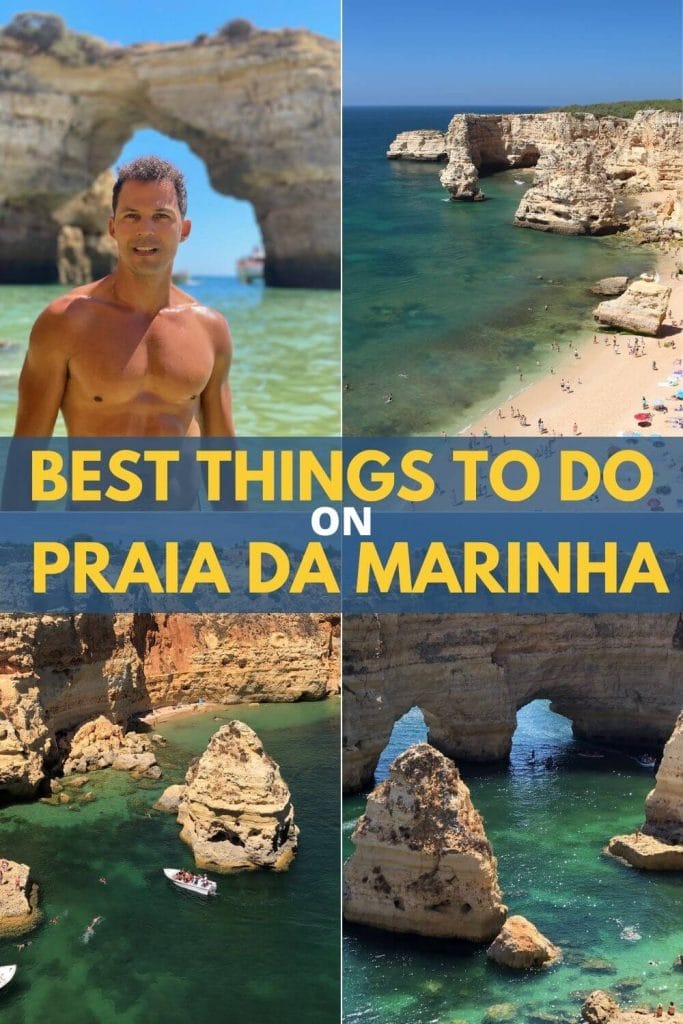 The crystal-clear water of Praia da Marinha, in Algarve, Portugal, that's bordered by yellow limestone cliffs and a man on Praia de Albandeira with a massive sea arch behind him