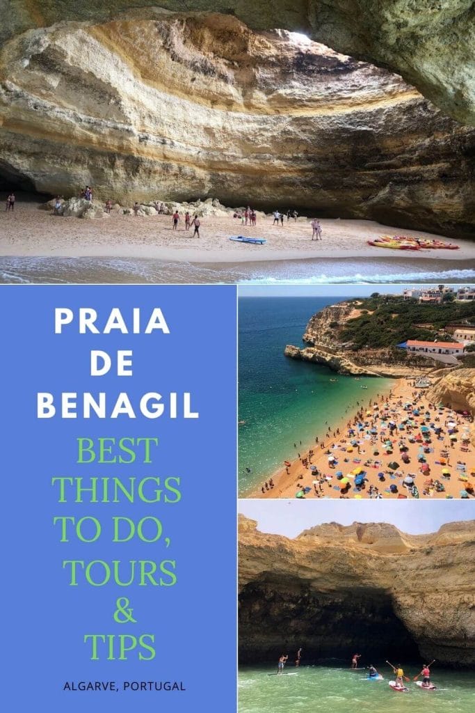 A paddleboard, kayaks and some people walking inside Benagil Cave, Portugal, with its yellowish walls and round hole in the ceiling, Benagil Beach, that is surrounded by orangish limestone cliffs, crystalline green water and many people and umbrellas of different colours on the golden sand and people joining a SUP tour in the Algarve entering a sea cave.