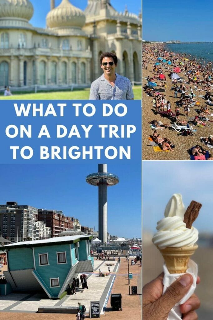 A man wearing sunglasses and a white shirt with blue dots at Royal Pavillion gardens and the palace behind him, People sunbathing on the pebbles of Brighton Beach An upside down house, the BA i360 viewing trower on the Brighton and Hove promenade and a hand holding an ice cream on Brighton beach