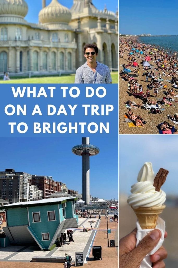 A man wearing sunglasses and a white shirt with blue dots at Royal Pavillion gardens and the palace behind him, People sunbathing on the pebbles of Brighton Beach An upside down house, the BA i360 viewing trower on the Brighton and Hove promenade and a hand holding an ice cream on Brighton beach