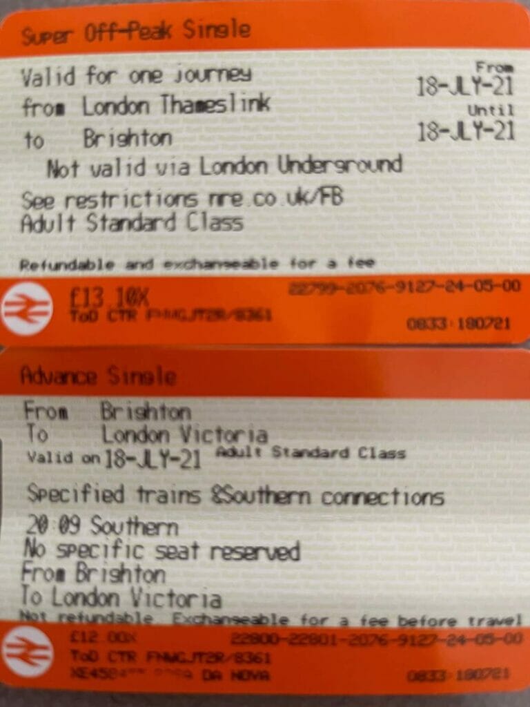 A pair of train tickets: one from London Bridge to Brighton and the other from Brighton to London Victoria