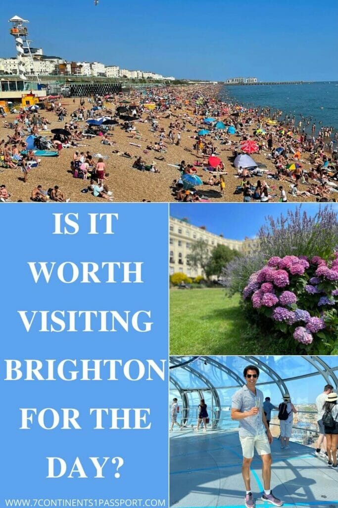 People sunbathing on the pebbles of Brighton Beach, Brunswick Square and a man wearing sunglasses, a white shirt with blue dots, beige shorts and a pair of sneakers having a glass of sparkling wine inside the viewing pod of British Airways i360