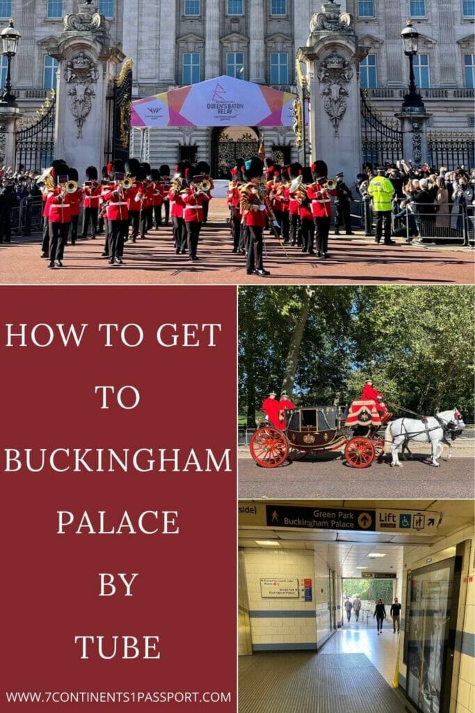The Changing of the Guard ceremony in front of Buckingham Palace. Three men wearing red cape and black hats on a carriage on Constitution Hill, London. Green Park Station's exit to Green Park and Buckingham Palace.