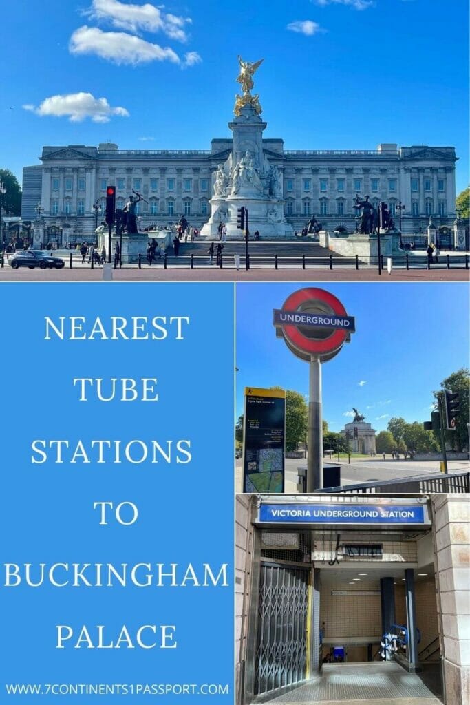 Queens Victoria Memorial and Buckingham Palace. Hyde Corner Park Station underground sign and Wellington Arch in the background. The façade of Victoria Underground Station.