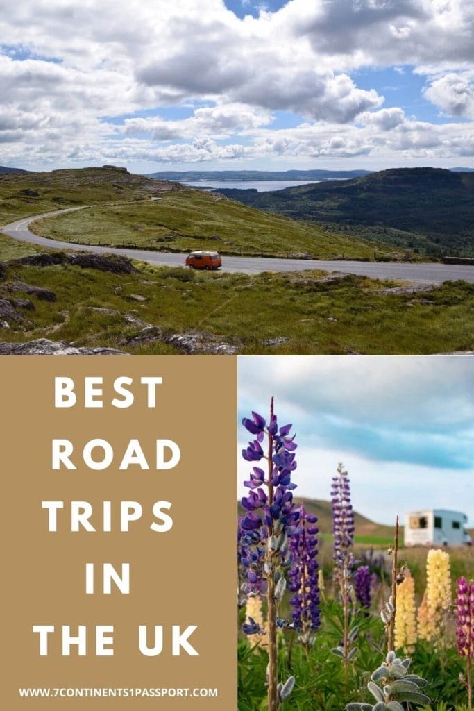 An orange campervan driving on the South West Coastal 300 surrounded by greeny mountainous landscape and a lake in the background and Some purple, red and yellow flowers on a road in the UK and a white motorhome in the background