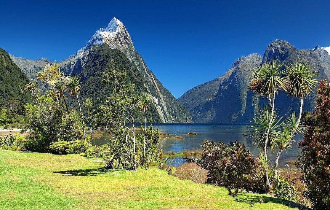 The beautiful mountains covered with vegetation and a lake of Milford Sound, New Zealand