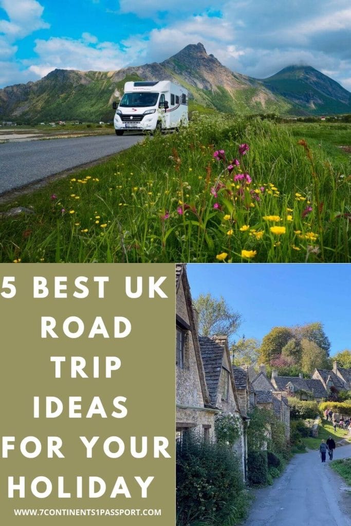 A white motorhome driving on the North Coast 500 in Scotland with some mountains in the background and Some people walking on a street bordered by honey-coloured 17th-century stone cottages with steeply pitched roofs in the village of Bibury