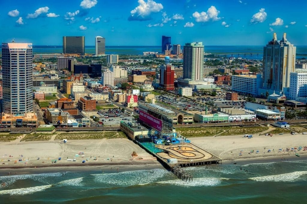 Atlantic City, New Jersey, and part of its 5mi-long boardwalk