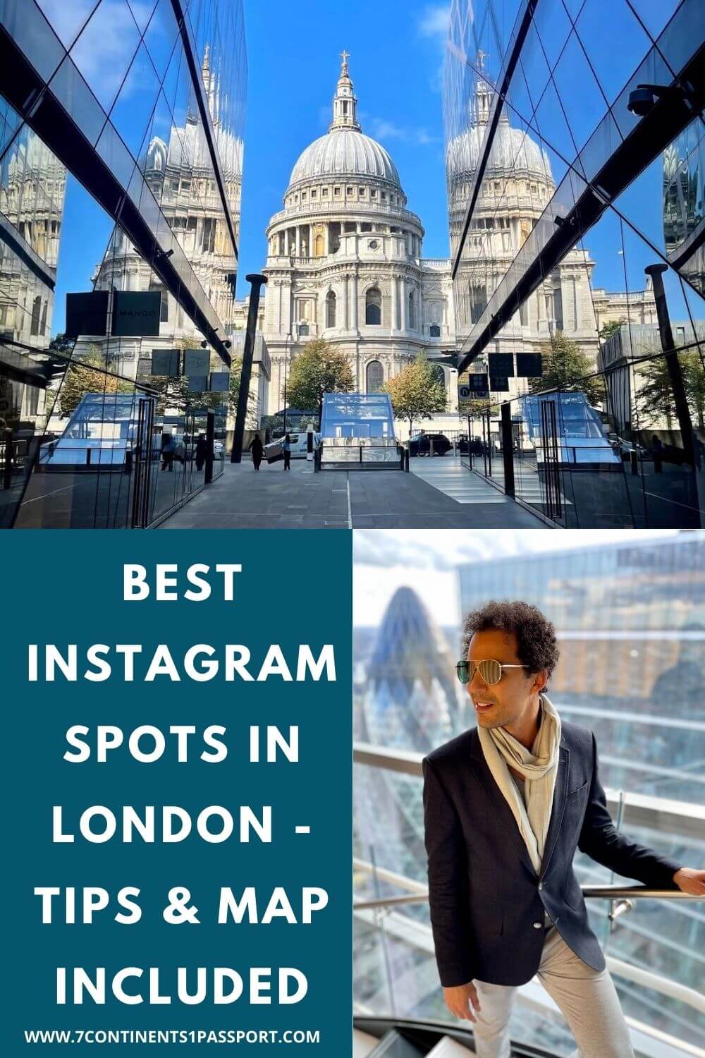 One New Change with Saint's Paul Cathedral as a backdrop and a man wearing sunglasses, a scarf, blue blazer and trousers at SushiSamba Restaurant, London, with some buildings, including The Gherkin, in the background