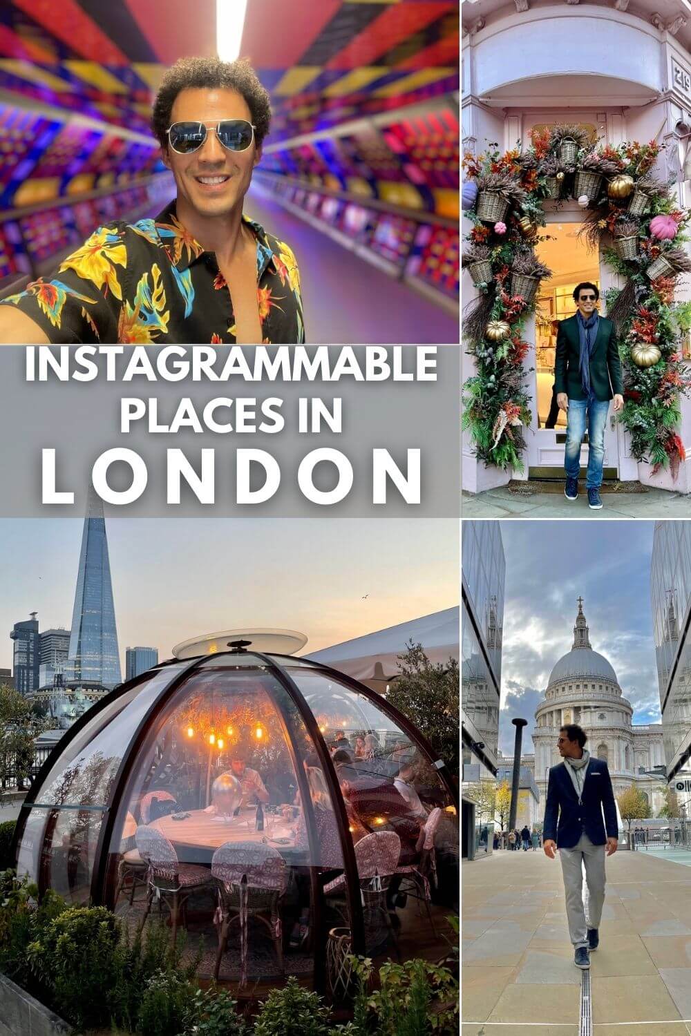 A man wearing sunglasses and a colourful shirt taking a selfie at Adam's Plaza Bridge in Canary Wharf; A man posing at Peggy Porschen, Chelsea, London; Coppa Club Tower Bridge; A man walking at One New Change with the Saint's Paul Cathedral as a backdrop
