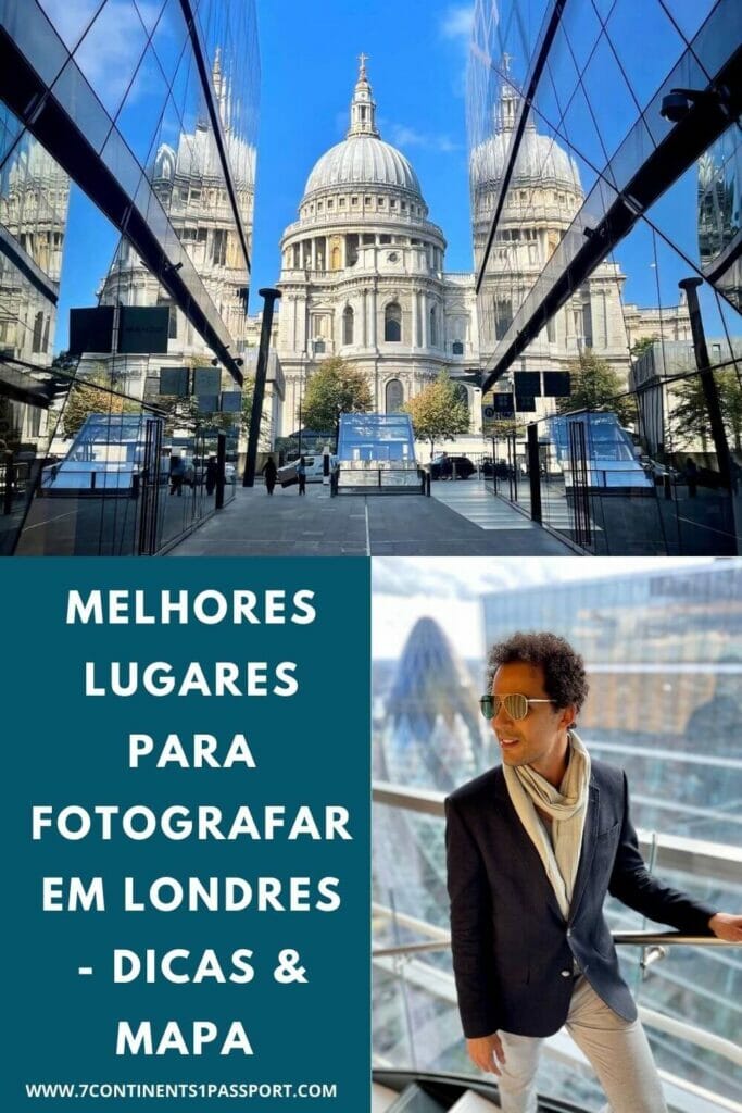 One New Change com a Catedral de São Paulo como pano de fundo e um homem usando óculos escuros, cachecol, blazer azul e calça no Restaurante SushiSamba, em Londres, com alguns prédios, incluindo o The Gerkin, ao fundo