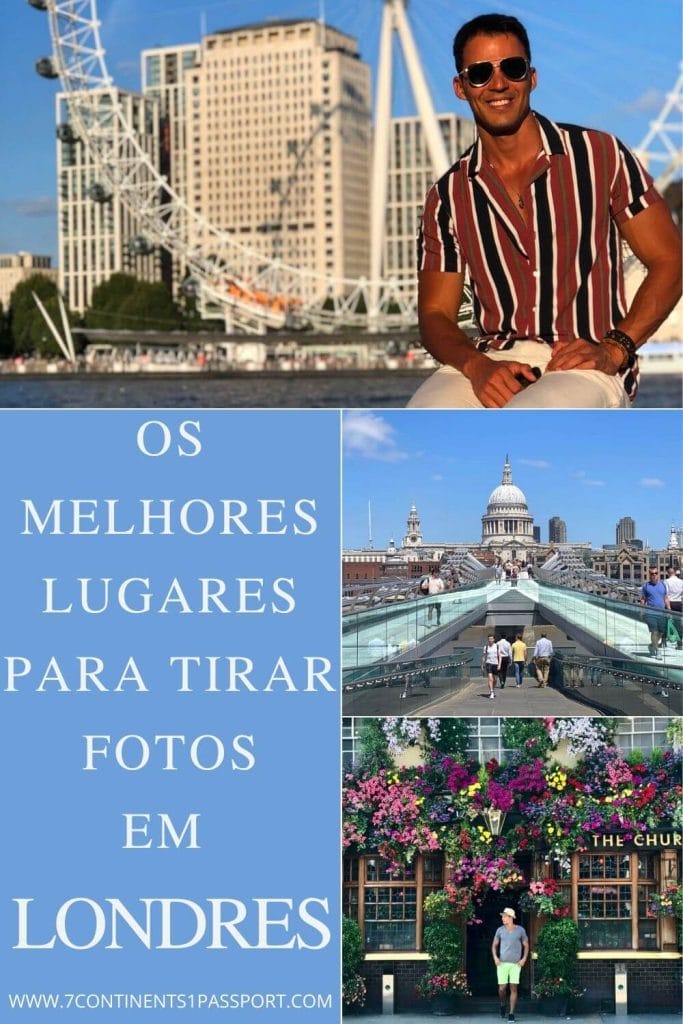 Um homem usando óculos escuros e camisa listrada posando para tirar uma foto ao longo do rio Tâmisa com o London Eye ao fundo, Pessoas andando na Ponte do Milênio com a Catedral de São Paulo como pano de fundo, Um homem posa no The Churchill Arms Pub & Restaurante, um lugar famoso para tirar fotos em Londres