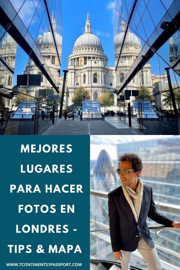 One New Change con la Catedral de San Pablo como telón de fondo y un hombre con gafas de sol, bufanda, chaqueta azul y pantalón en el restaurante SushiSamba de Londres, con edificios, incluido The Gherkin, al fondo