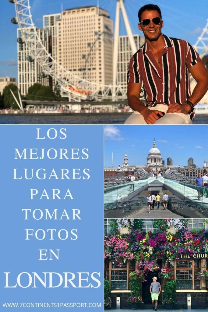 Un hombre con gafas de sol y una camiseta a rayas posando para hacerse una foto a lo largo del río Támesis con el London Eye de fondo, Gente caminando por el Millennium Bridge con la Catedral de San Pablo como telón de fondo, Un hombre posando en The Churchill Arms Pub & Restaurante, un lugar famoso para tomar fotos en Londres