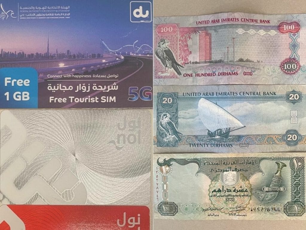 Facturas de dirham de los Emiratos Árabes Unidos, tarjetas de metro de Dubai y tarjeta SIM turística Du