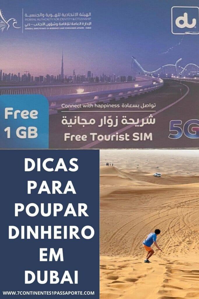 Uma embalagem de um cartão chip de celular grátis para turistas de 1Gb e um homem surfando no deserto em Dubai
