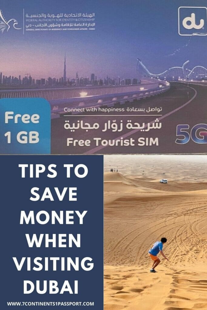 A package of a free 1Gb tourist sim card and a man sandboarding in the desert in Dubai