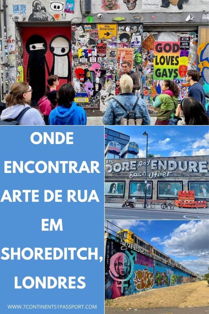 Algumas pessoas com um guia turístico observando as obras de arte exibidas na Rua Princelet, Londres.
Um edifício de cores pastel com quatro vitrines com rostos aleatórios e no topo do prédio no canto esquerdo, há dois vagões de trem abandonados cobertos de grafite por Sime e Wendy em cima de dois contêineres. No canto direito, há um cogumelo amarelo Cristhiaan Nagel.
Uma parede no Allens Garden, Shoreditch, coberta de grafite.