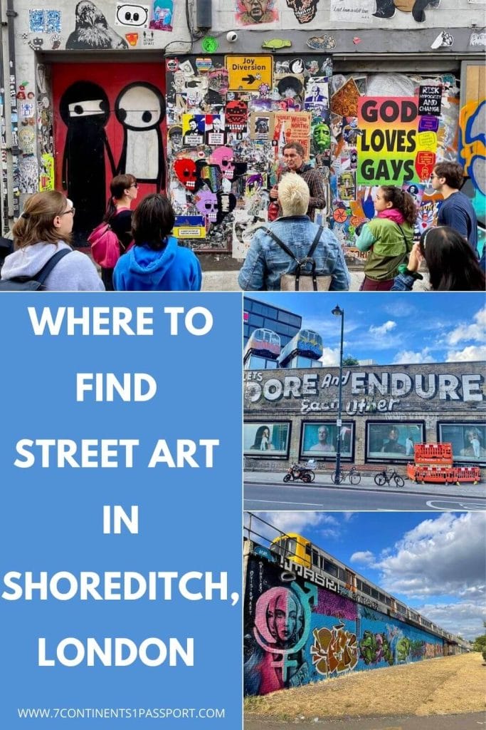 Some people with a tour guide observing the artworks displayed on Princelet St, London.
A pastel colour building with four windows with random faces and at the top of the building on the left corner, there are two abandoned train carriages covered in graffiti by Sime and Wendy perched atop two containers. On the right corner, there’s a Cristhiaan Nagel oversized yellow mushroom.
A wall on Allens Garden, Shoreditch covered with graffiti.