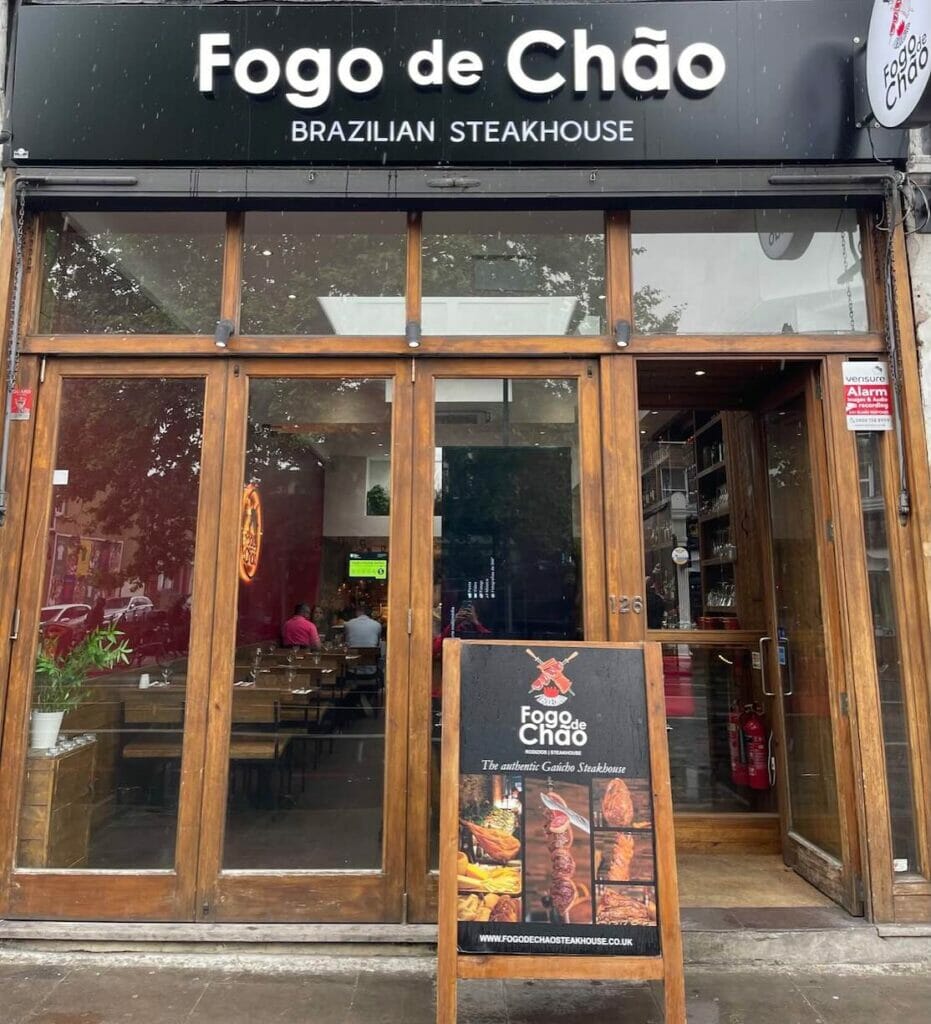 The façade of Fogo de Chão, a Brazilian steakhouse in Clapham Common, London