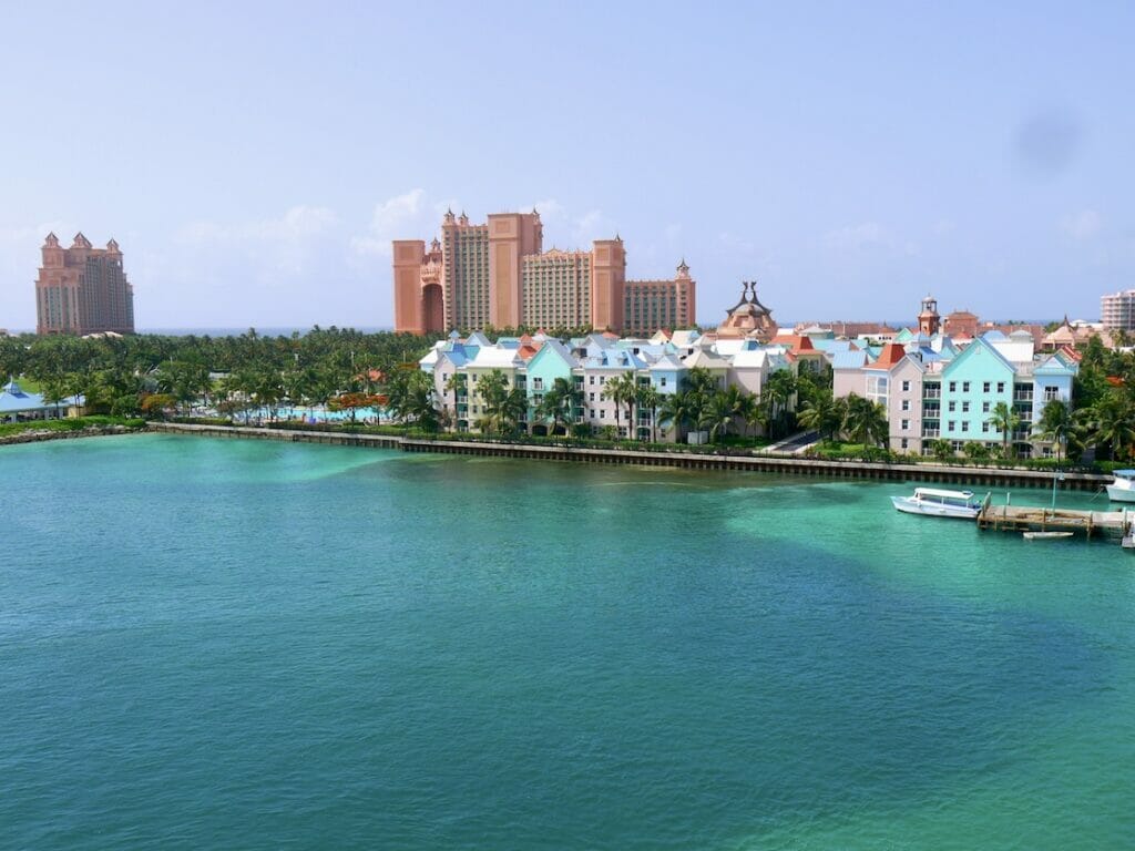 The view of the Caribbean Sea, Paradise Island, Atlantis Hotel and the marina village